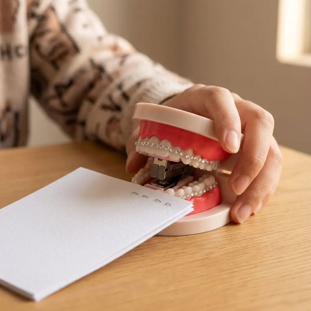 Novelty Rhinestone Denture Stapler Easy Stapling Plastic Denture Shaped Stapler Funny Gag Style Teeth Desktop Stapler Office Use