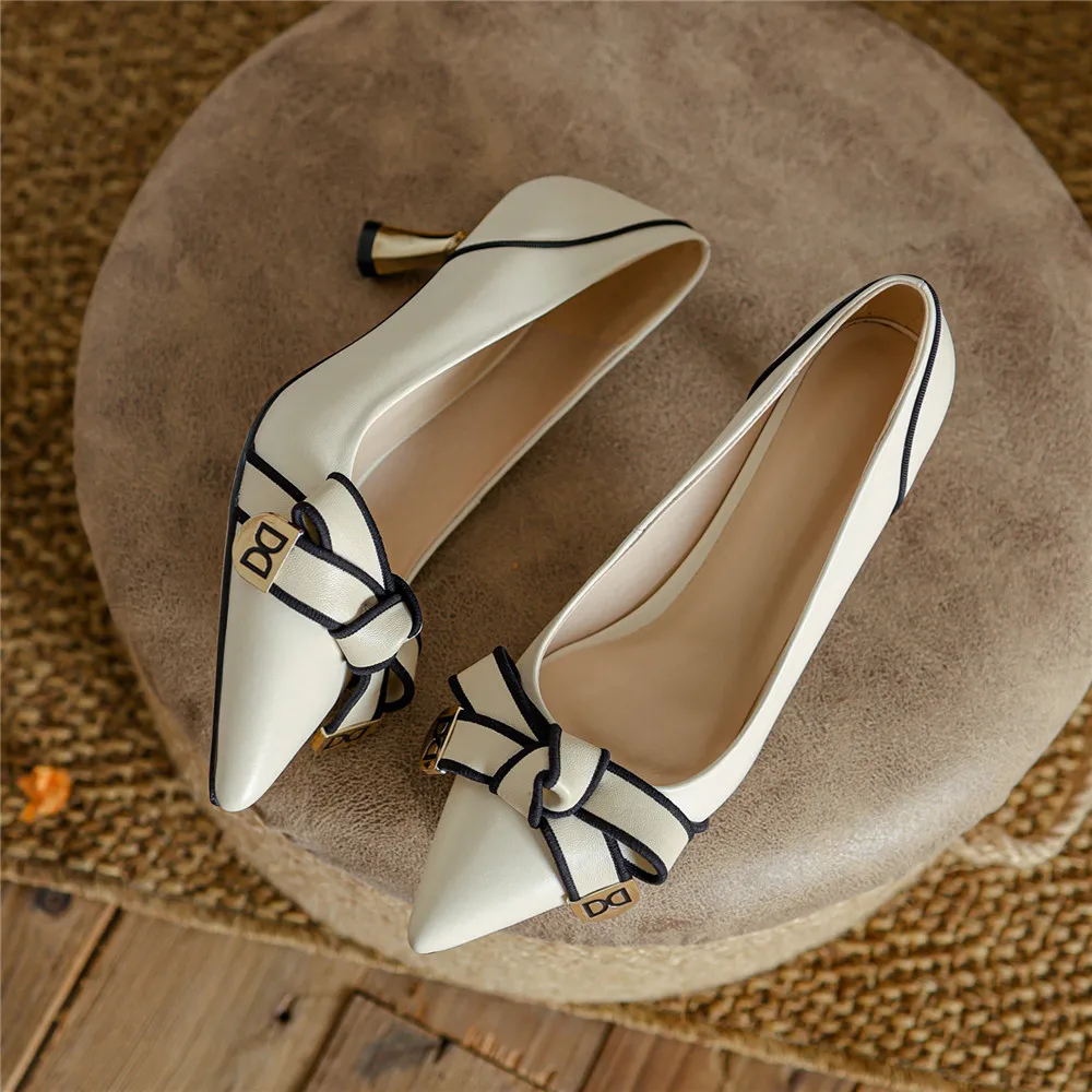 MILI-MIYA Fashion Pointed Toe Women Cow Leather Pumps Electroplated Thick Heels Slip On Butterfly Knot Big Size 34-40 Handmade