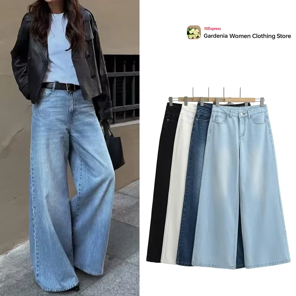 Ladies Comfy Relaxtion Loose Flare Jeans Low Waist Full Length Women's Wide Leg Denim Pants Baggy Pants High Street Women Jeans