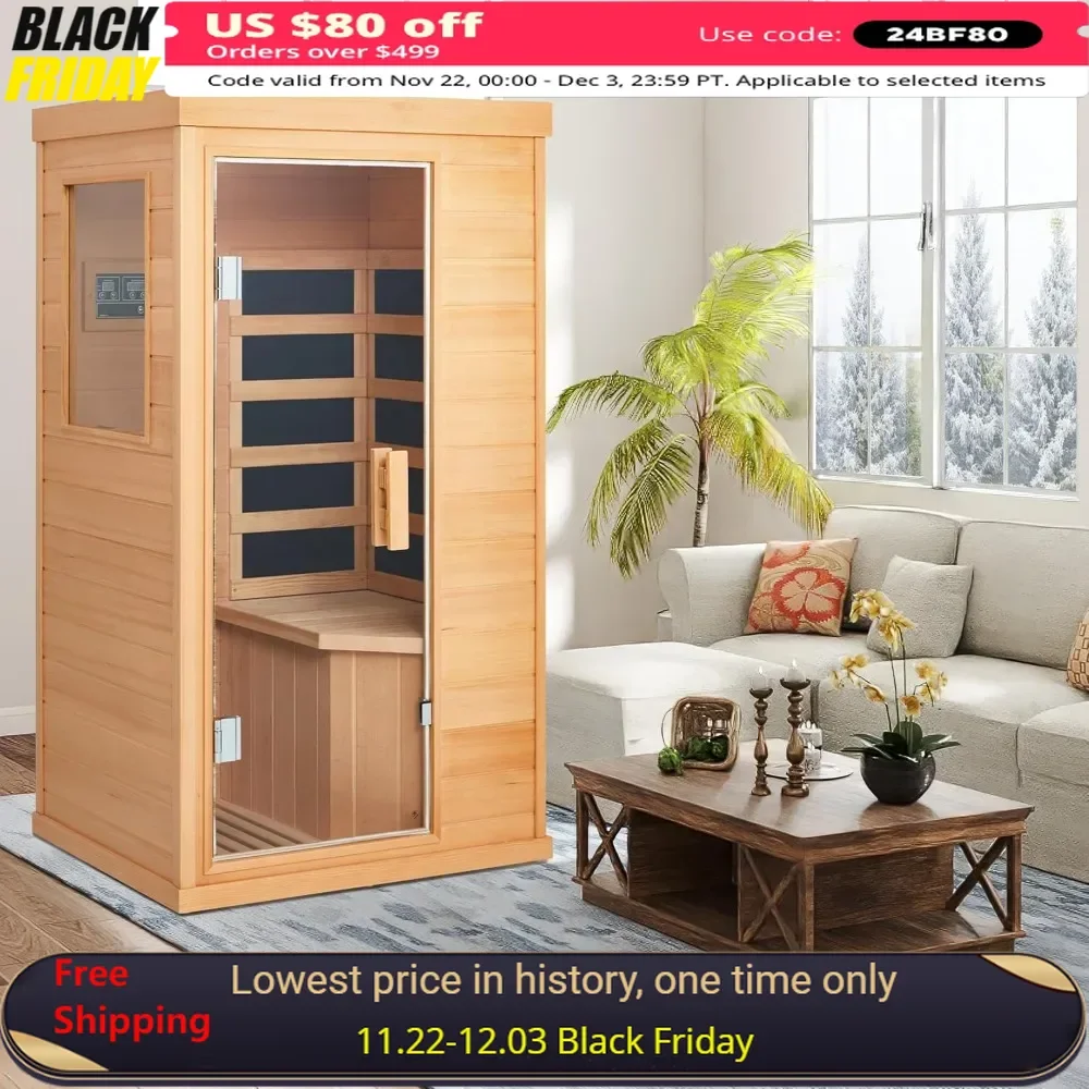 Sauna infrarroja para 1 persona, Saunas infrarrojas de espectro completo para el hogar, Sauna seca interior con 4 paneles calefactores, Hemlock canadiense