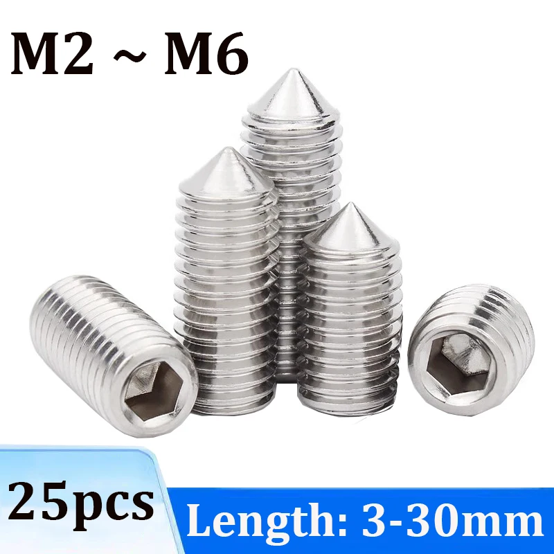 

25pcs Hex hexagon socket set screw cone point grub screw M2 M3 M4 M5 M6 304 Stainless Steel DIN914