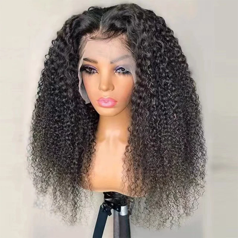 Peluca rizada de encaje frontal para mujer, pelo de bebé Natural, negro, suave, larga, 180de densidad, predesplumada diaria, resistente al calor, sin pegamento, 26 pulgadas