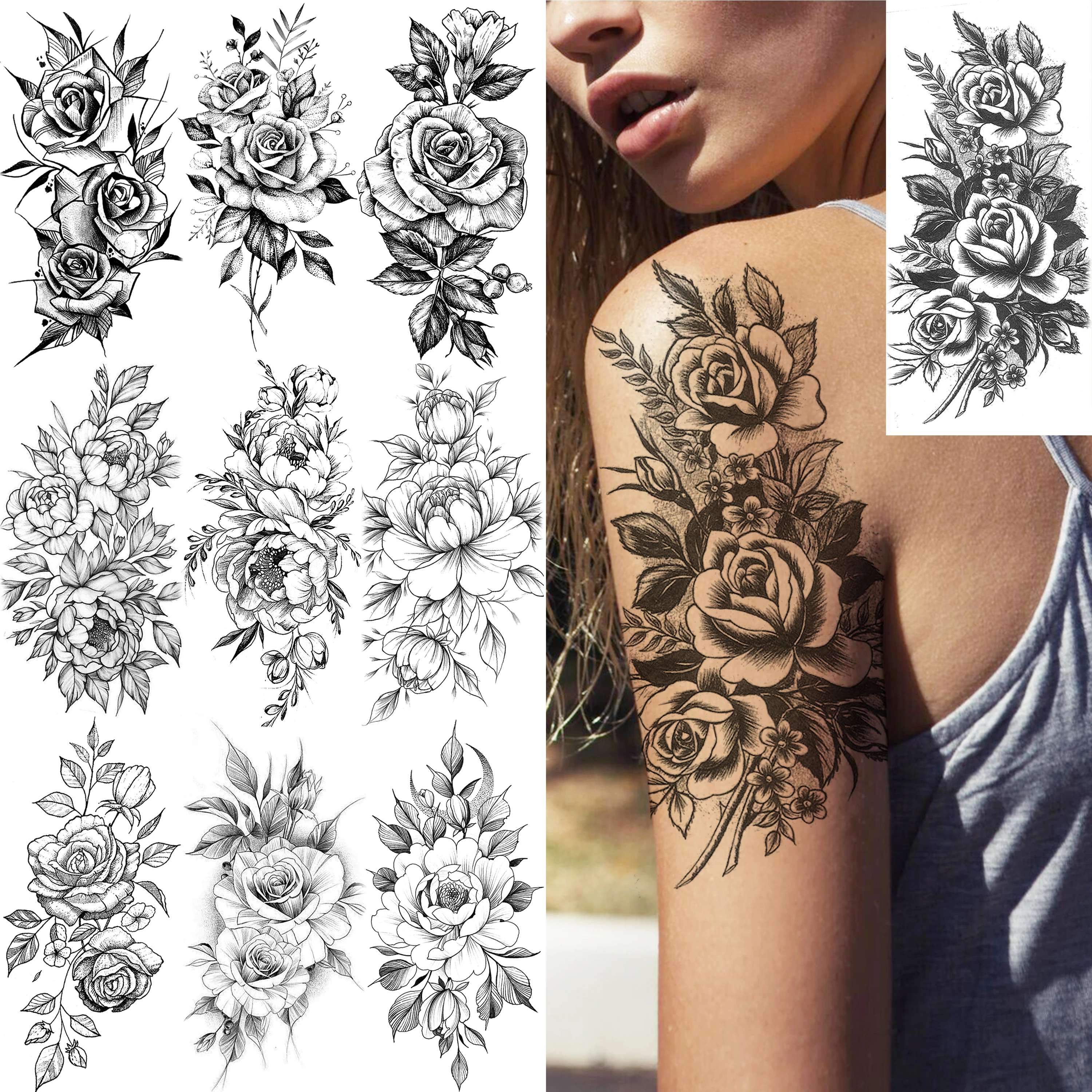 

1 Sheet Black Flower Temporary Tattoos For Women Girls Realistic Fake Flora Floral Peony Tattoo Sticker Body Art Painting Decal