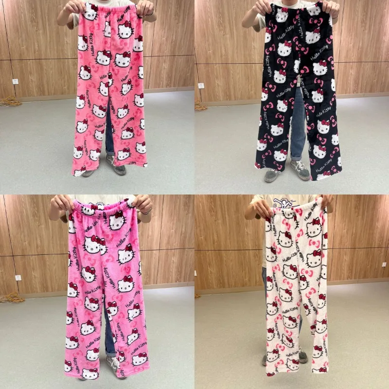 Anime Hello Kitty Flannel Loose Pajamas KT Cat Pajamas Long Pants Women\'s and Men\'s Cartoon Sleeping Casual Wear Christmas Gifts