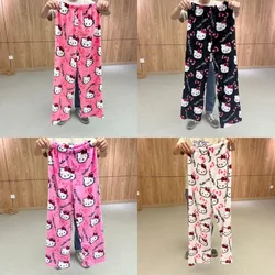 Anime Hello Kitty Flannel Loose Pajamas KT Cat Pajamas Long Pants Women's and Men's Cartoon Sleeping Casual Wear Christmas Gifts