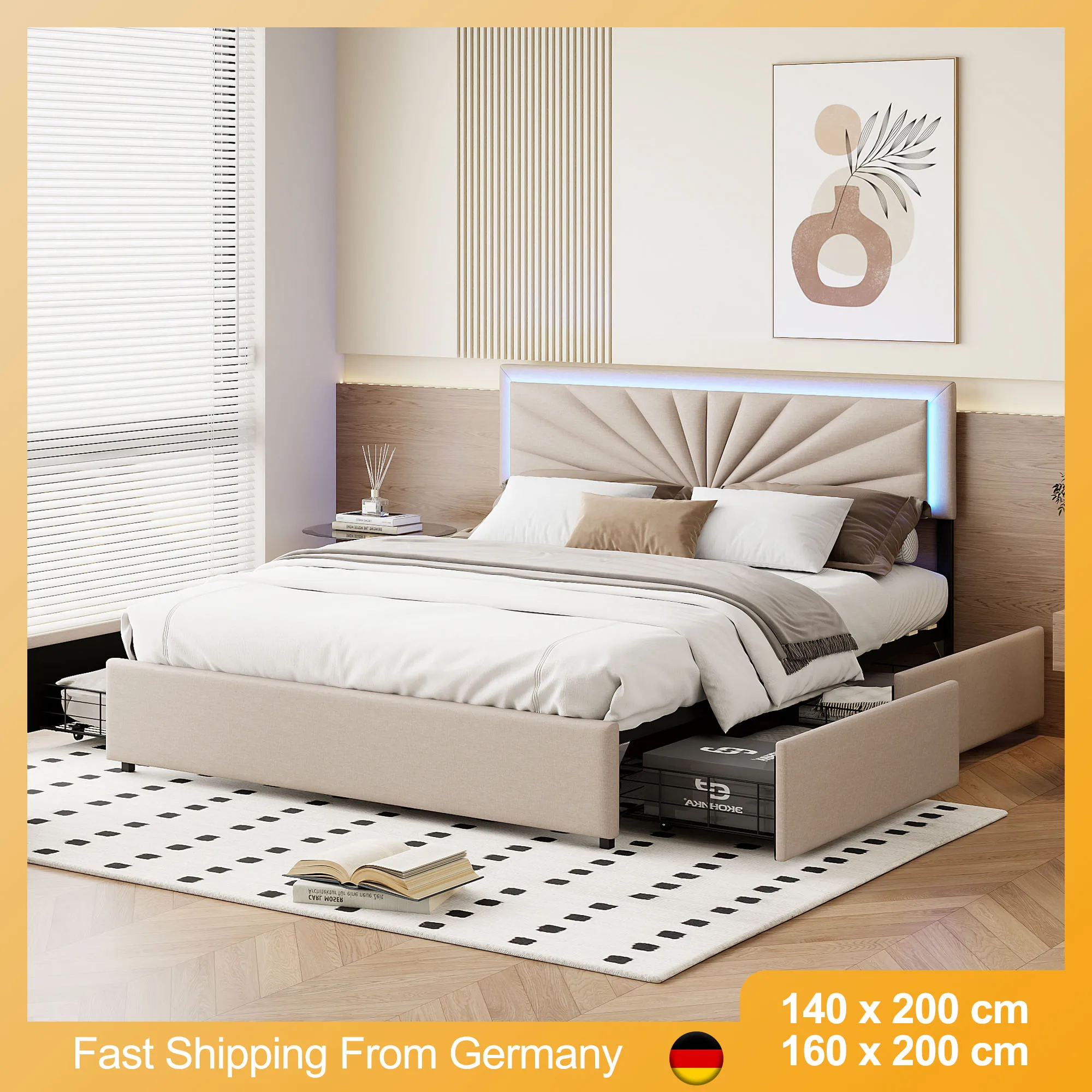 Linen Upholstered Bed, Beige Single and Double Bed Frame, Storage Bed with 4 Drawers and Height-Adjustable RGB LED Headboard