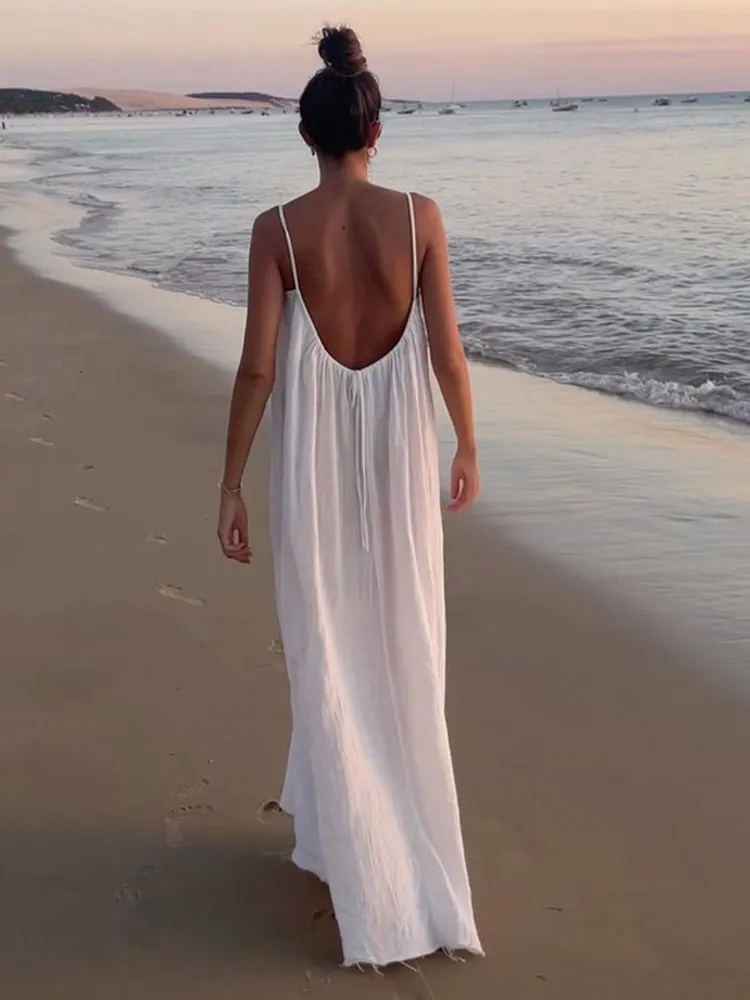 Sexy Backless Spaghetti Strap Dress Women Off Shoulder Sleeveless Loose Long Dresses Summer Lady New Beach Vacation Robe