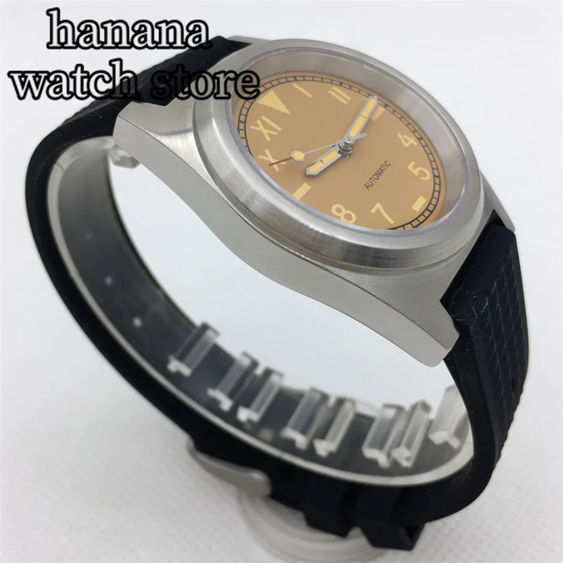 ساعة غطس أوتوماتيكية مزودة بحافظة مصقولة ، كاليفورنيا ، قرص أصفر أسود ، كريستال ياقوت أخضر مضيء ، NH35A مطاطي ، حزام 38