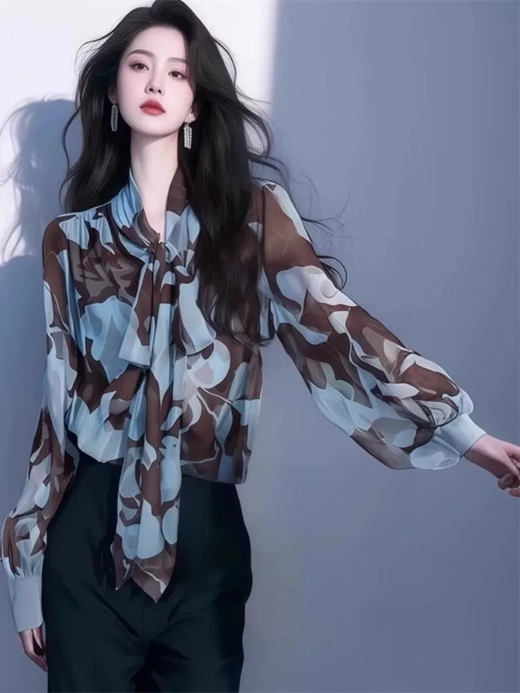 

Vintage Coffee Blue Flower Pattern Chiffon Shirts Bow Ribbon Neck Elegant Office Lady Aesthetic Top Temperament Loose Blouse Y2K
