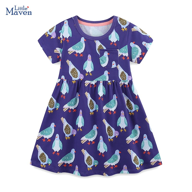Little Maven Kinderkleid für Mädchen 2026 Sommer Kinderbekleidung Baumwolle Cartoon-Vögel Urlaubskostüm Kleid