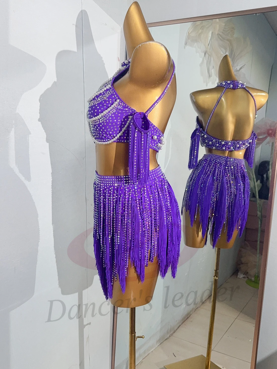 라틴 댄서, 성인, 어린이 고급 맞춤형 보라색 술 스커트, 삼바 라인스톤 퍼포먼스 드레스