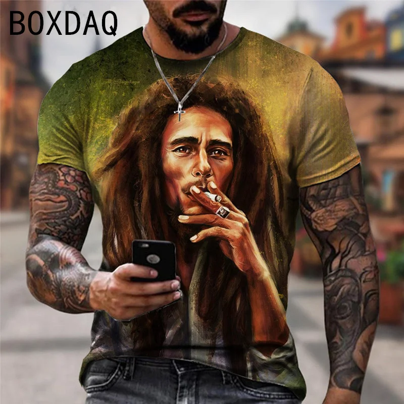 T-shirt dos homens de grandes dimensões Cool Rock Bob Marley Imprimir Tops Verão O-pescoço Manga Curta Street Hip-hop Camisa Personalidade Homens