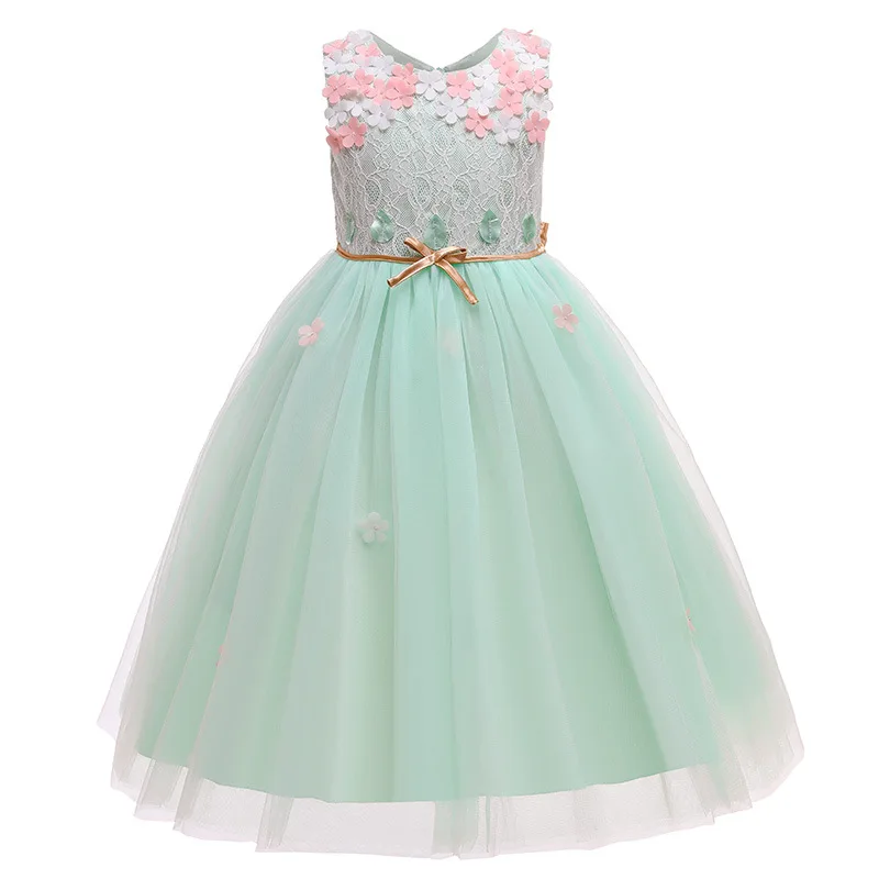 Vestido largo de encaje con bordado de pétalos de flores para niña, Vestido largo de tul para fiesta de cumpleaños, primera comunión, boda