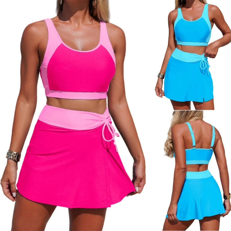 

Комплект из двух предметов: женский танкини-купальник с высокой талией, платье-купальник, лоскутный дизайн, на завязках, с эффектом утяжки живота, спортивный купальный костюм 2026