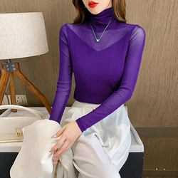 Perspective Mesh T Shirt Women S-3XL Blue Red Green Turtleneck Long Sleeve Tees Girls Sheer Slim Stretch Full Sleeve Shirt Tops