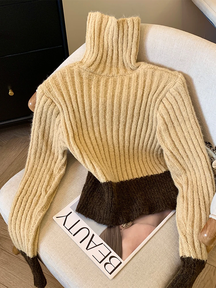 Women's Khaki Striped Pullover Two-tone Sweater Harajuku Long Sleeves Turtleneck Sweaters Jumper Vintage Y2k 2000s Clothes 2024