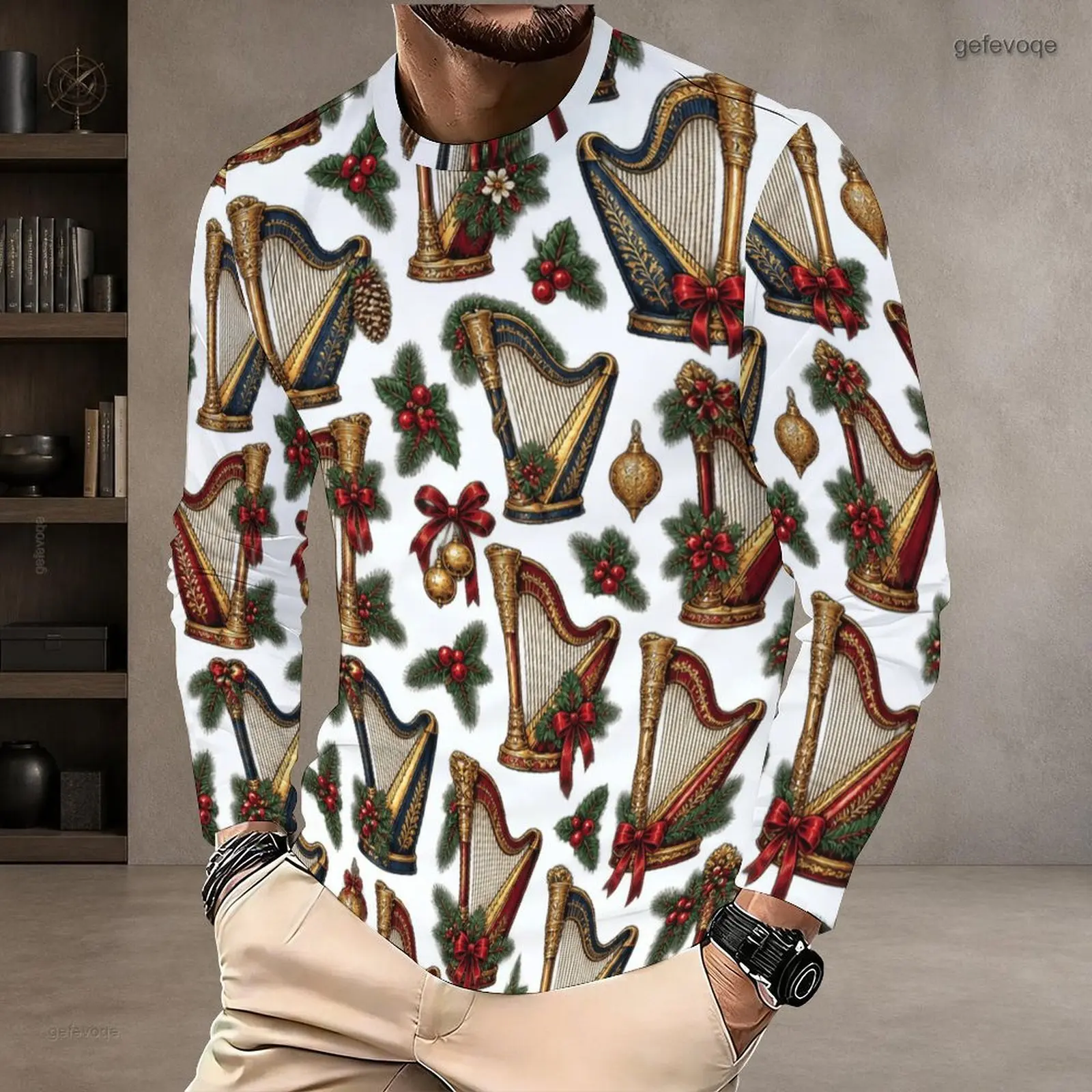 Men Round Neck Long Sleeve T-Shirt, Printed Christmas Harp Holly Red Bow Pattern Top