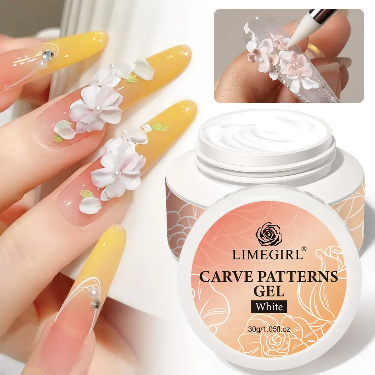 LIMEGIRL 30g Carve Patterns Gel White Non Stick Hand Extension Gel 3D Shaping Sculpting Carving Nail Art DIY Design Solid Gel
