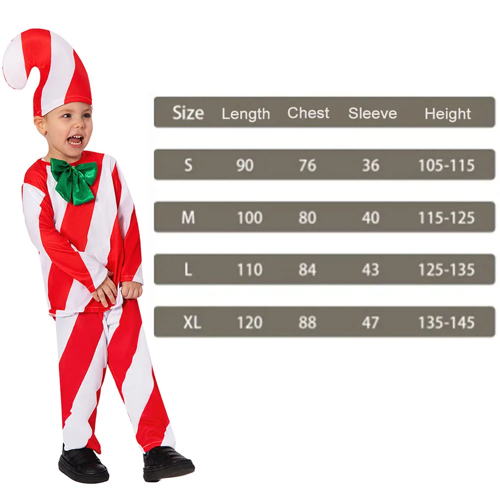 Kids Children Candy Cane Cosplay Top Pants Hat Costume Christmas Roleplay Disguise Fantasia Outfits Halloween Carnival Suit