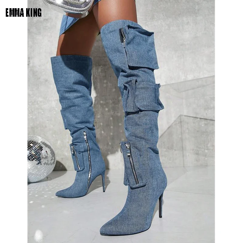 

2023 New Women Fashion Blue Jeans Denim Pointed Toe Boots 3D Pocket Over The Knee Boots Female Thin High Heel Thigh Long Botas