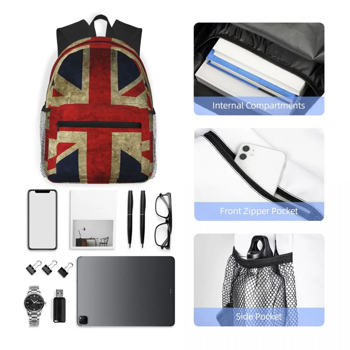 London Soldier Bus British Flag Pattern Student Backpack School Bag Hiking Travel Daypack for Men Women Bookbag Shoulder Bags view 5