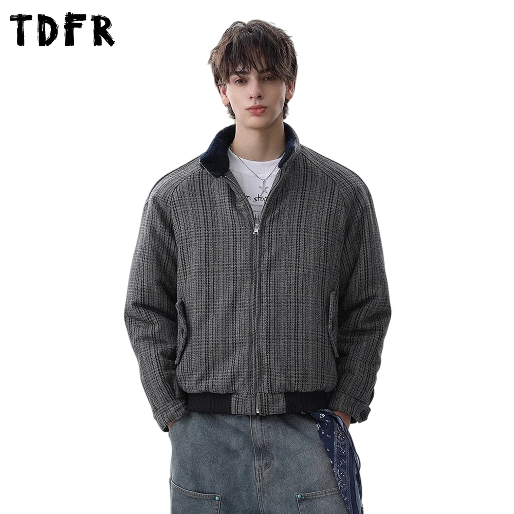 Retro Houndstooth Quilted Jacket Mens Winter Casual Long Sleeve Loose Stand Collar Thick Outerwear Man
