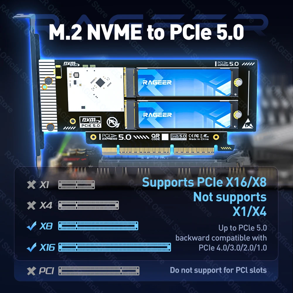 RAGEER PCIe 5.0 إلى Dual M.2 NVMe X16/X8 محول تمديد بطاقة الناهض 256Gbps فتحة للبطاقات لـ 2280/60/42/30 SSDs دعم RAID الناعم