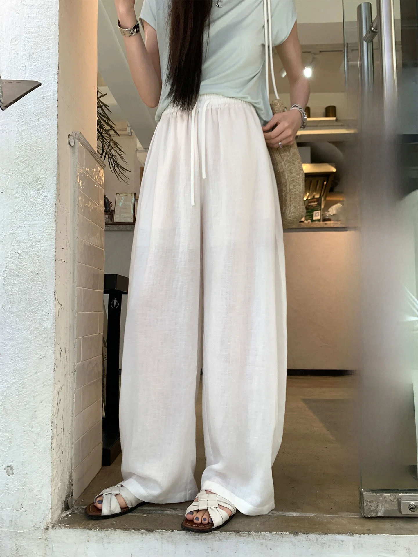 

Aboutpoem High Waist Relaxed Fit Casual Pants Women Summer White Lenzing Lyocell Fabric Cotton Inner Pocket Wide Leg Pants