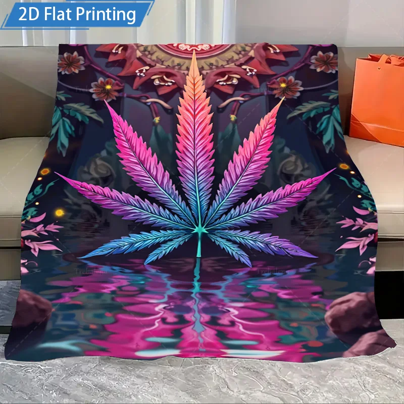 

1 шт. фланелевое одеяло с психоделическими листьями марихуаны, яркий дизайн с отражением, мягкий уютный плед для декора дивана или кровати