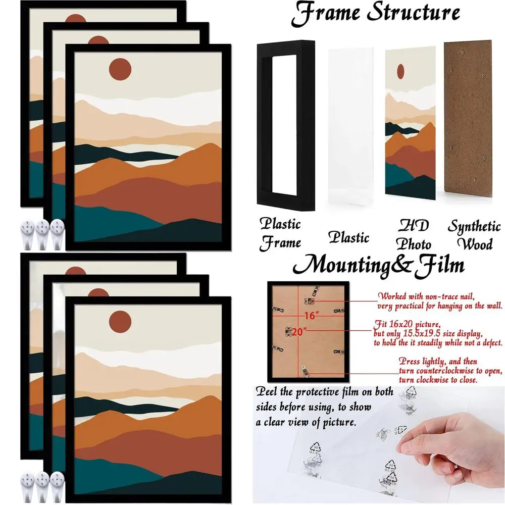 

Набор из 3 черных рамок для картин 16x20, с прозрачным стеклом, для настенного или настольного размещения, универсальный держатель для коллажей и художественных работ