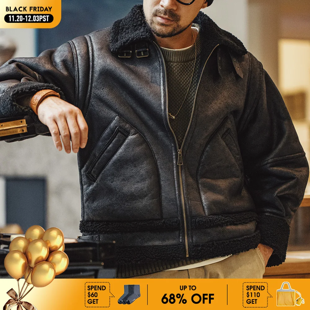 Maden Vintage B3 Bomber Jacket Chaqueta de piel sintética Forro polar Engrosado Cálido Motocicleta Ropa de abrigo de color sólido para invierno de los hombres
