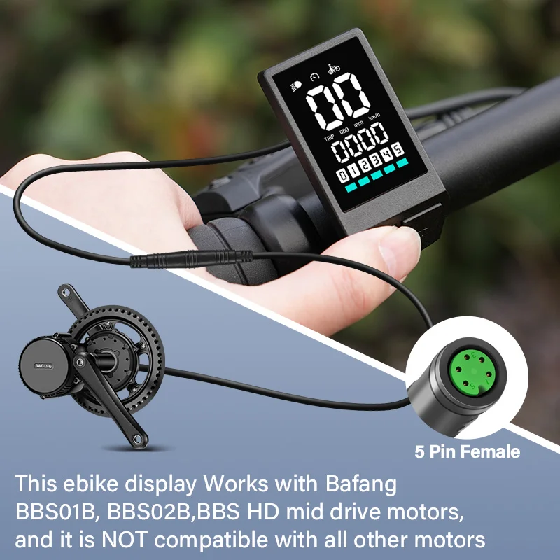 LED Display EBike Compatible with Bafang BBS01 BBS02 BBS1000W Mid Drive Motor Waterproof Display with 0-5 PAS UART Protocol