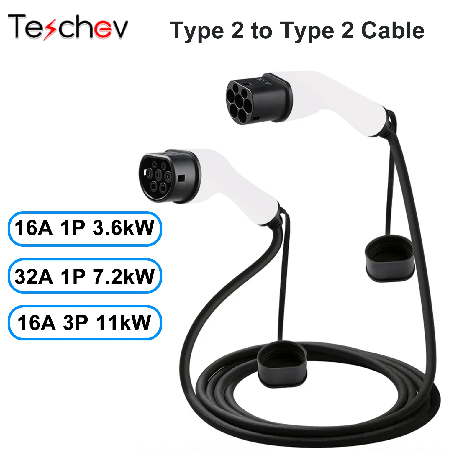 16A/ 32A EV Car Charger Charging Cable Cord 1 Phase/ 3 Phase EVSE Electric Vehicle Type 2 Female to Male IEC 62196 Plug 3M