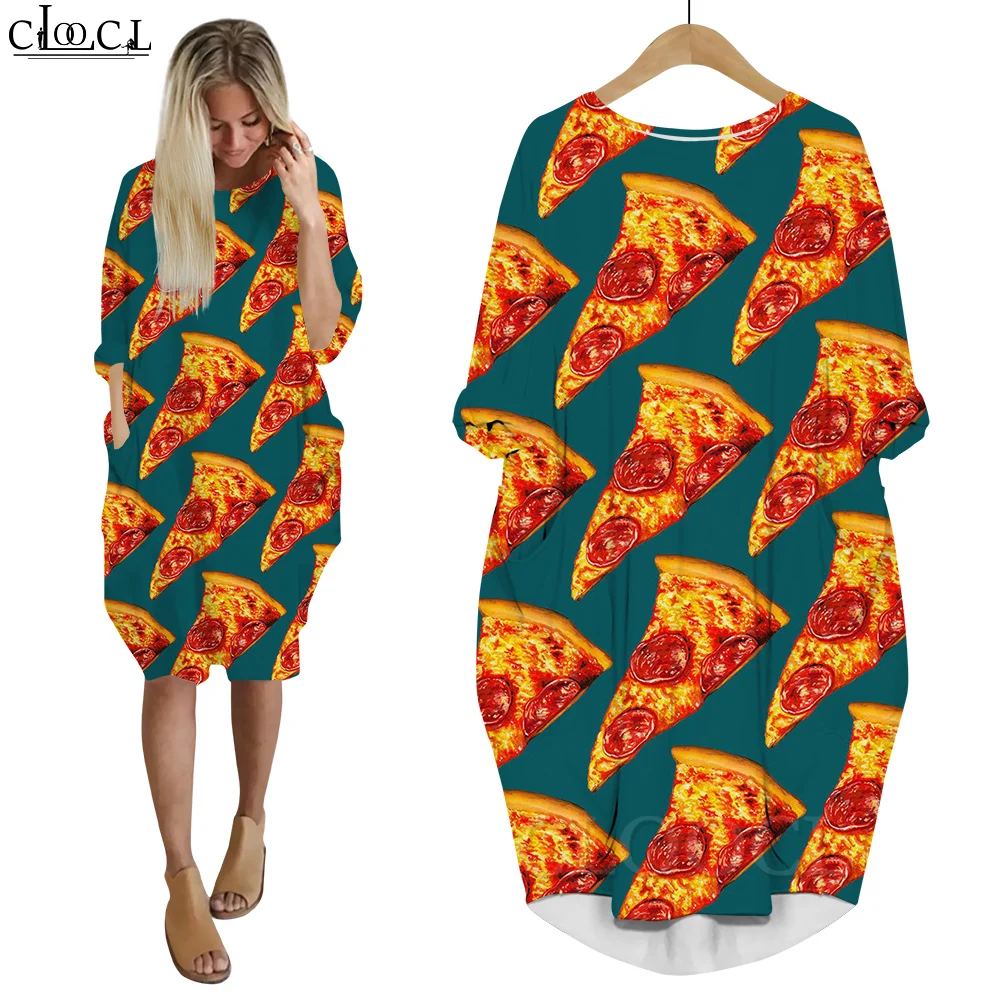 

CLOOCL 3D Printing Dresses Delicious Pizza Pattern Loose Casual Lightweight and Portable Long Sleeves Pocket Dresses Streetwear