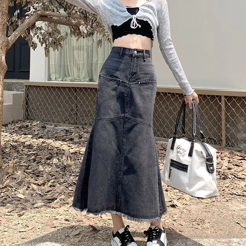 Vintage Frauen Denim Röcke Lose Beiläufige Hohe Taille Raw Kanten Quaste Midi Rock Koreanische Patchwork Taste Elegante Meerjungfrau Röcke