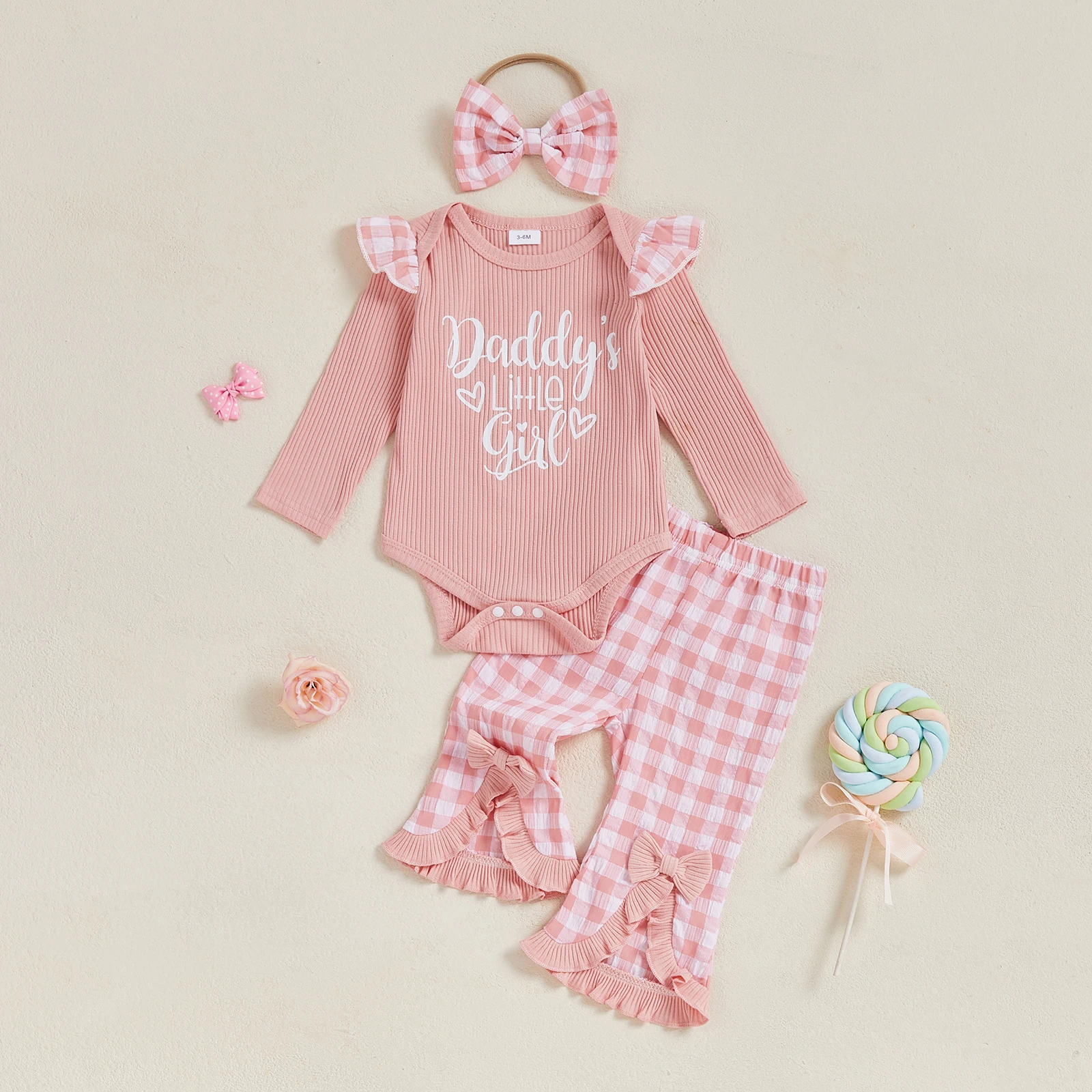 

Baby Girls Fall Outfit Long Sleeve Letters Print Romper with Plaid Flare Pants and Headband Clothing Set
