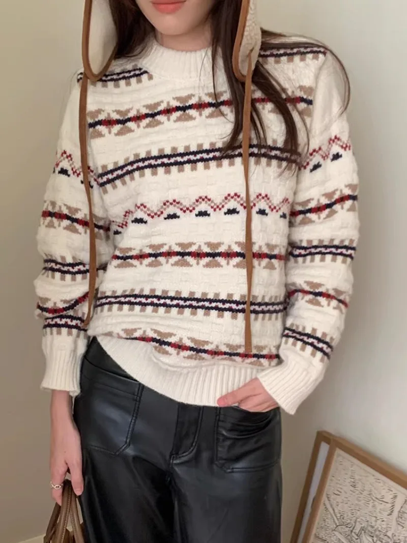 Contrast Jacquard 2024 Woman Sweater Retro Round Neck Outerwears Long Sleeve Knit Ropa Mujer Autumn Winter Pullovers Sueter