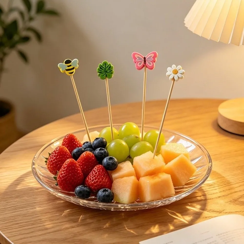 100Pcs Cute Disposable Bamboo Fruit Picks Animal Plant Mixed Candy Color Dessert Toothpicks Cocktail Skewers for Wedding Decor