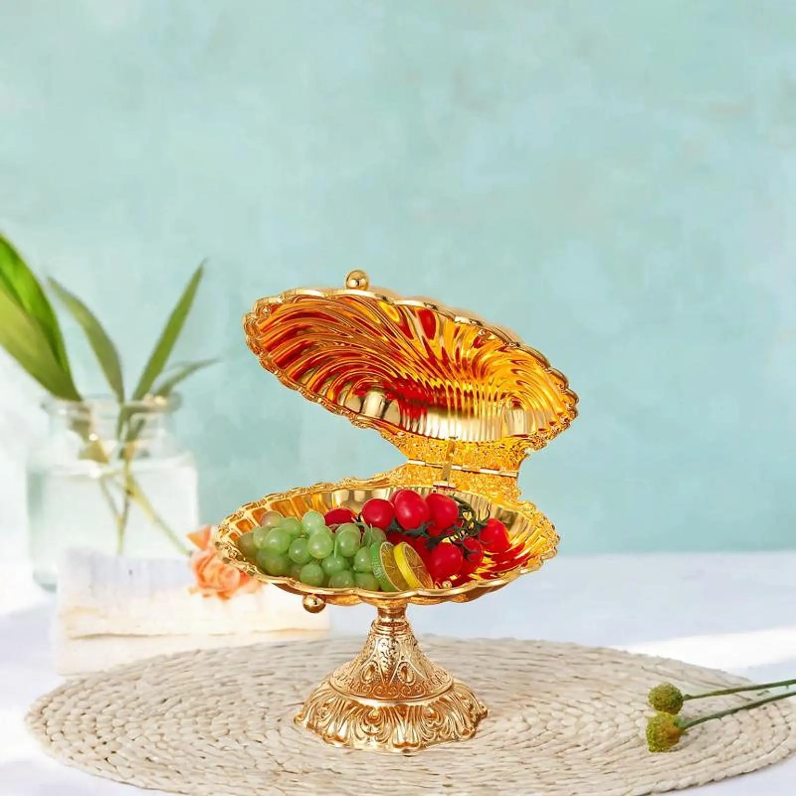 Shell-shaped fruit bowl display organizer, golden serving tray, fruit tray for