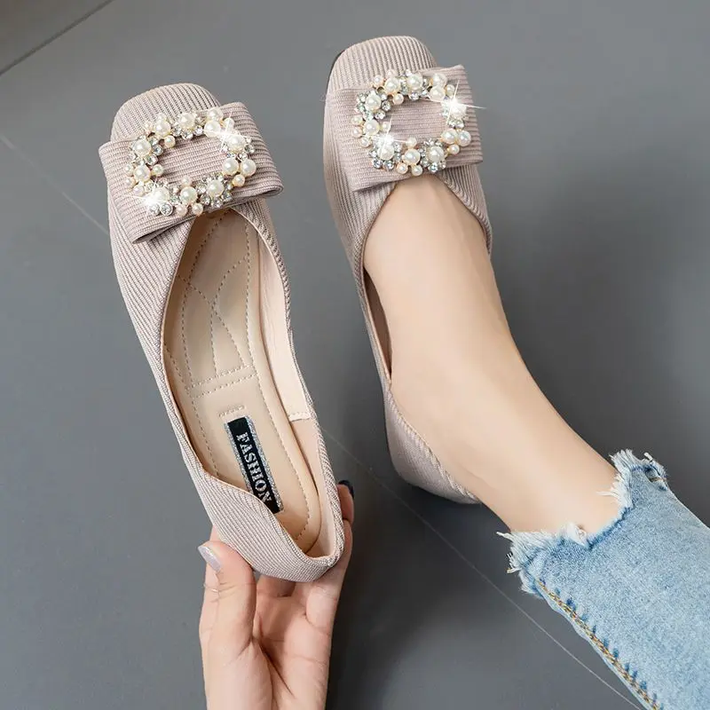 Cute Green Square Toe with Crystals Ladies Summer Footwear Pink Flats Rhinestone Kawaii Black Shoes for Women 2024 Diamond Flat