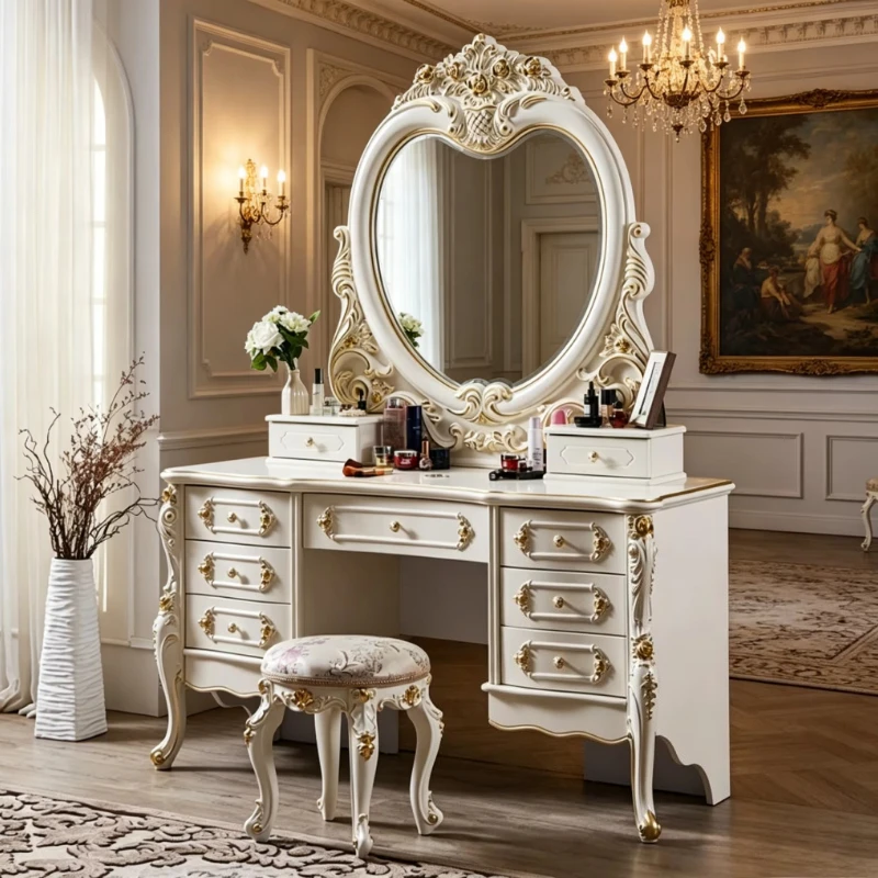 European solid wood dresser bedroom white princess luxury assembled mirror stool large space furniture French style