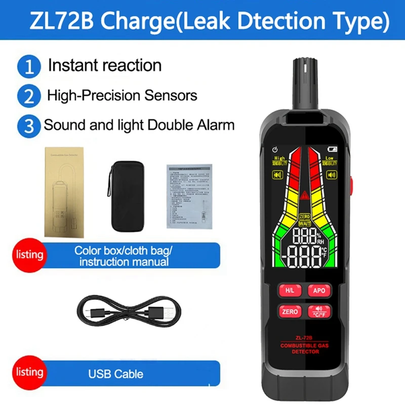 Handheld Combustible Gases Leak Detector Natural Gases Leakage Concentration Analyzer Meter Sound Light Durable ZL72B Charging