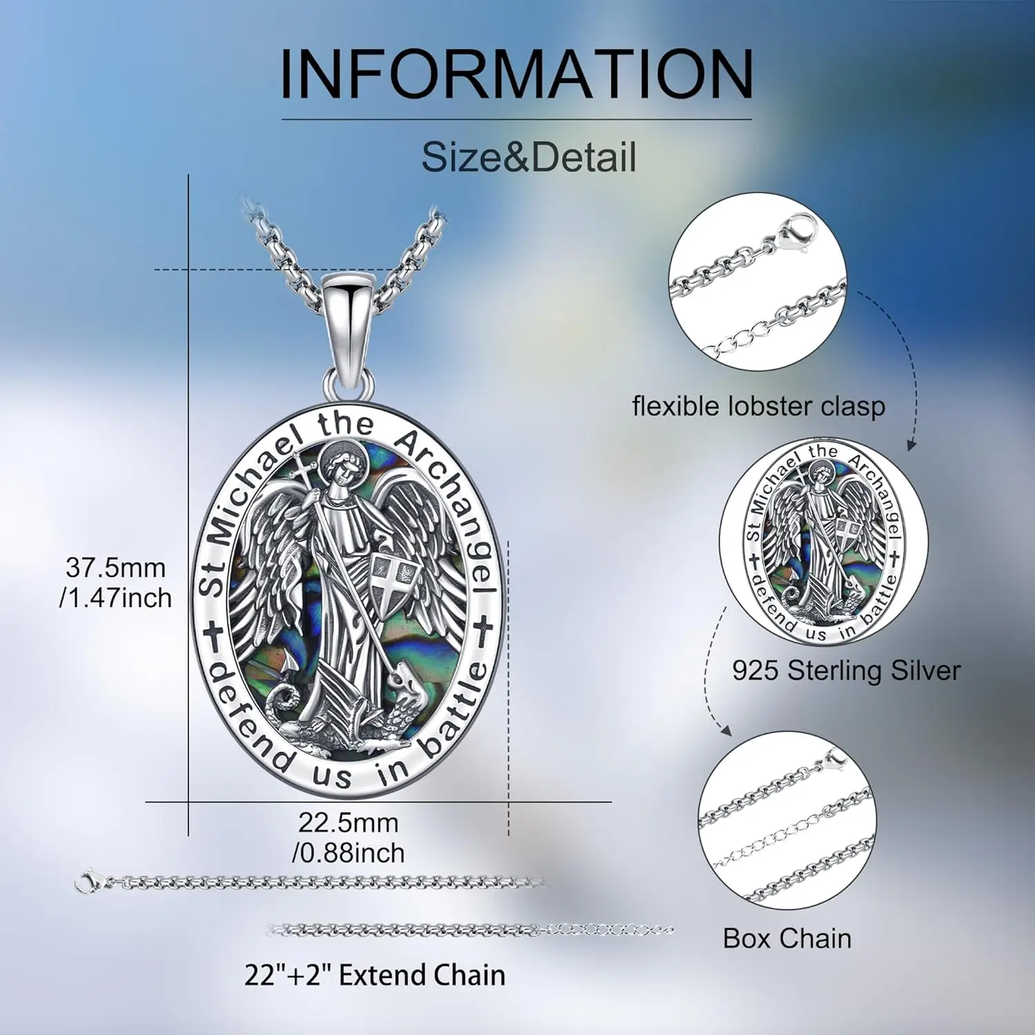 Saint Michael Necklace 925 Sterling Silver St Michael Abalone Shell Medal Pendant  Amulet Jewelry Gifts for Men Women Christmas