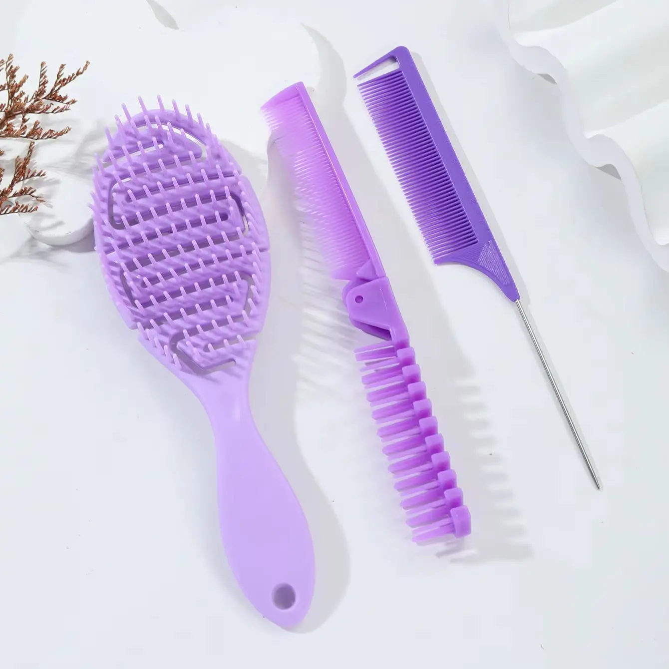 مجموعة مشط شعر مكونة من 3 قطع، مشط محمول قابل للطي، فرشاة تدليك فروة الرأس، مشط ذيل الفئران بإبرة معدنية خاصة للشعر المستعار الحقيقي