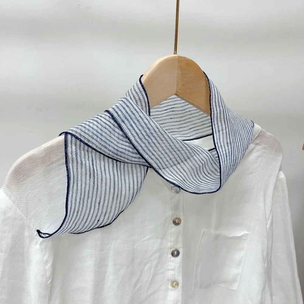

Retro Navy Blue Polka Dot Small Neck Tie Linen Striped Women's Long Scarf Printing 10*103cm Small Silk Scarf Neck Protection