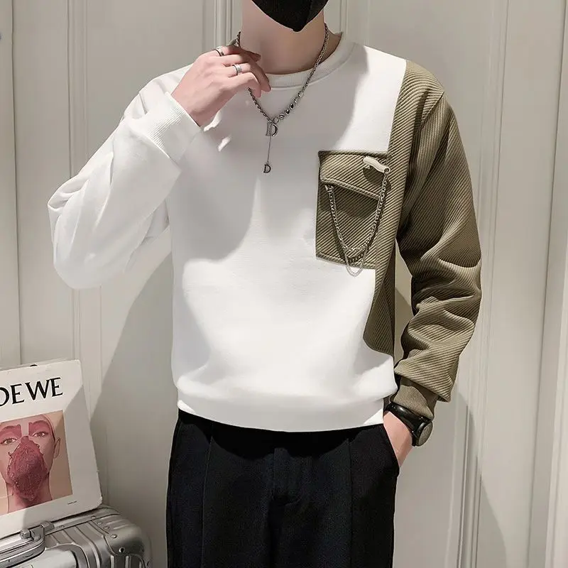 Stylish O-Neck Spliced Pockets Asymmetrical T-Shirt Men Clothing 2023 Spring New Oversized Casual Pullovers All-match Tee Shirt