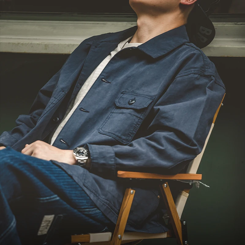 Maden Jaqueta masculina azul-marinho estilo cazadora Gola virada assimetrica vários bolsos Casaco casual de algodão Roupa exterior solta Tamanho