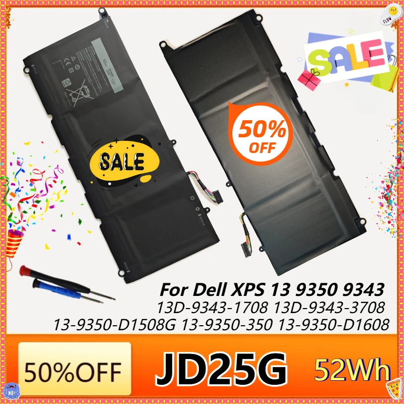 JD25G Laptop Battery for Dell XPS 13 13D 9343 9350 13D-9343 Series P54G 5K9CP 05K9CP JHXPY RWTIR 0N7T6 90V7W 0DRRP DIN02 52Wh