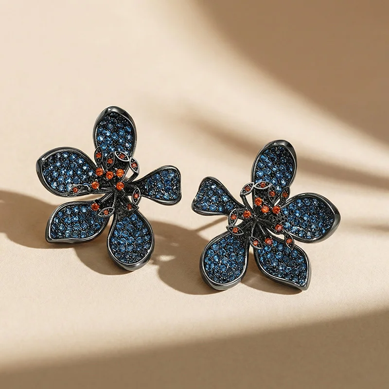Romantic Blooming 5-Petal Floral Earrings Nature Inspired Design Sweet Plant Bling Crystal Women Jewelry for Summer Vacation