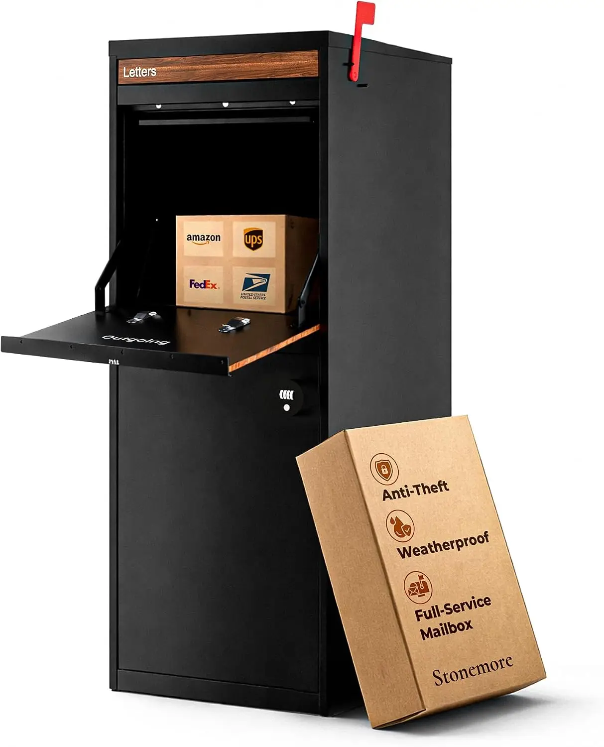 Hudson USPS Compatible Mailbox, Classic Black/Walnut Package Mailbox, Anti-Theft Locking Parcel Drop Box For Porch Or Curbside,
